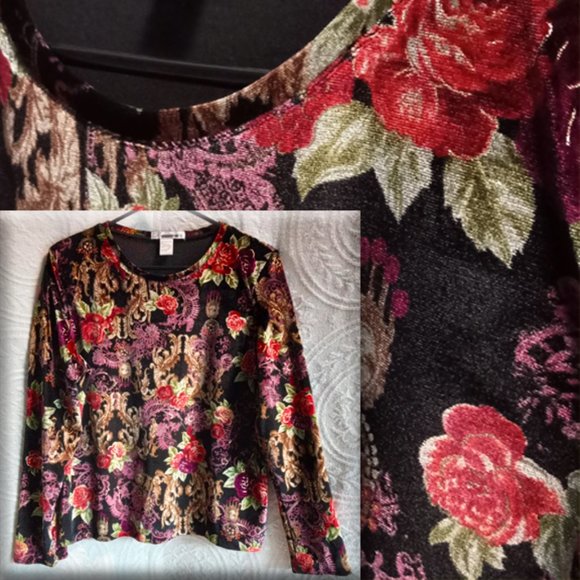 Dress Barn Elegant Stretch Velveteen Floral Pattern Long Sleeved Blouse Top Sz L - Picture 1 of 11